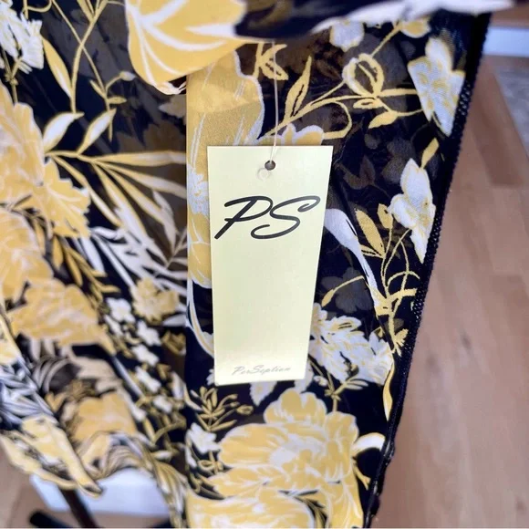NWT Per Seption Concept Floral Kimono Cardigan XL Yellow Black Open Front Boho - Picture 2 of 9
